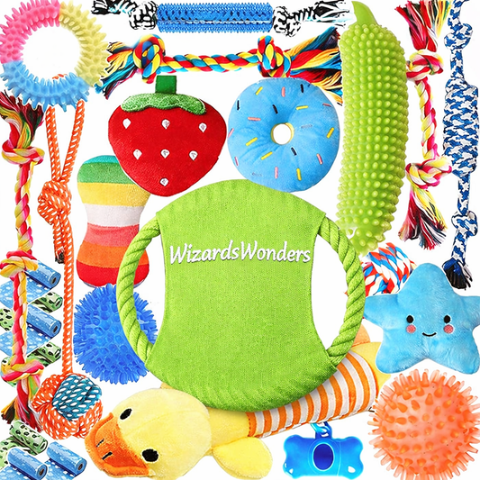 WizardsWonders Dog Toy Bundle – 15pcs Interactive Chew, Rope & Squeaky Toys Set for Small & Medium Dogs